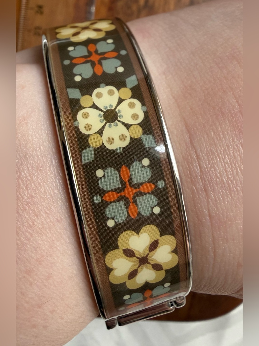 Vera Bradley Brown Floral Enamel Hinged Bracelet with Cream, Orange Accents